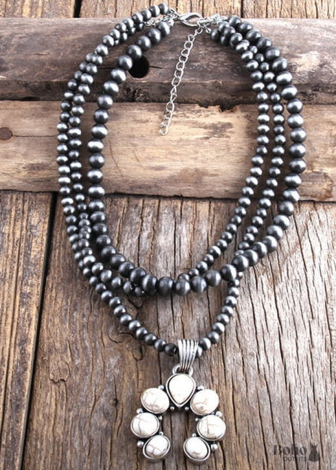 Boho Necklace, RH Antique Moon Metal Turquoise Blue Flower