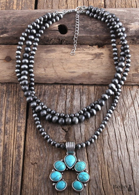 Boho Necklace, RH Antique Moon Metal Turquoise Blue Flower