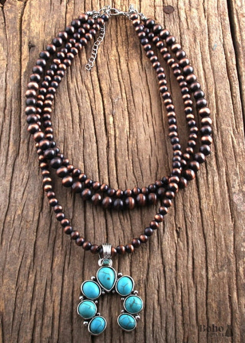 Boho Necklace, RH Antique Moon Metal Turquoise Blue Flower