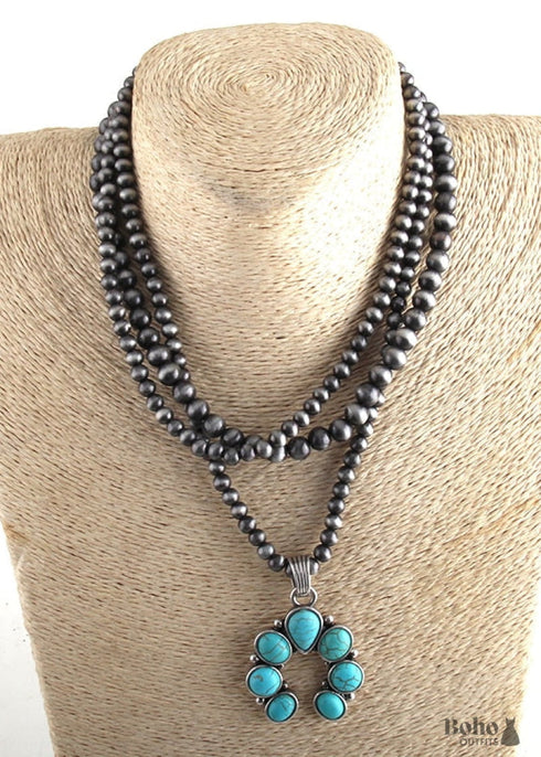 Boho Necklace, RH Antique Moon Metal Turquoise Blue Flower