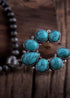 Boho Necklace, RH Antique Moon Metal Turquoise Blue Flower