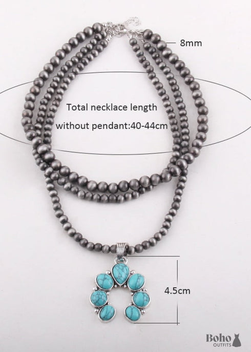 Boho Necklace, RH Antique Moon Metal Turquoise Blue Flower