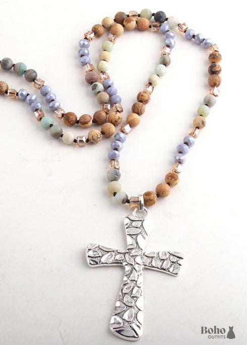 Boho Necklace, RH Antique Silver Cross, Lava Stone