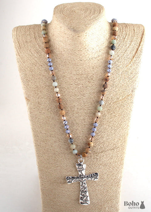 Boho Necklace, RH Antique Silver Cross, Lava Stone