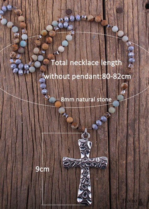 Boho Necklace, RH Antique Silver Cross, Lava Stone