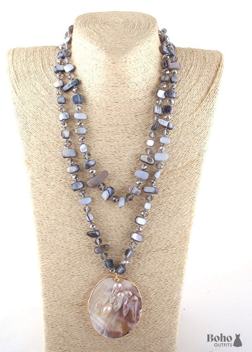 Boho Necklace, RH Big Crystal Shell Purple Necklaces