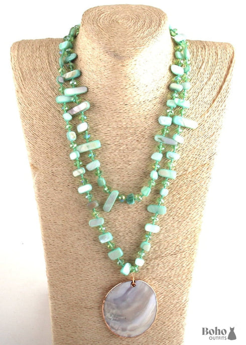 Boho Necklace, RH Big Crystal Shell Purple Necklaces