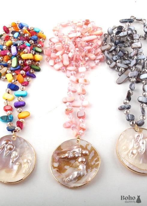 Boho Necklace, RH Big Crystal Shell Purple Necklaces