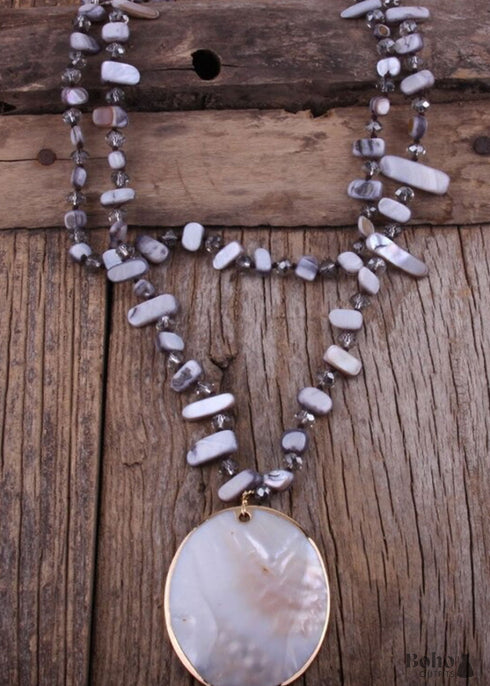 Boho Necklace, RH Big Crystal Shell Purple Necklaces