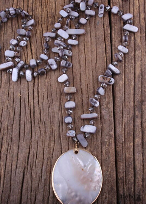 Boho Necklace, RH Big Crystal Shell Purple Necklaces