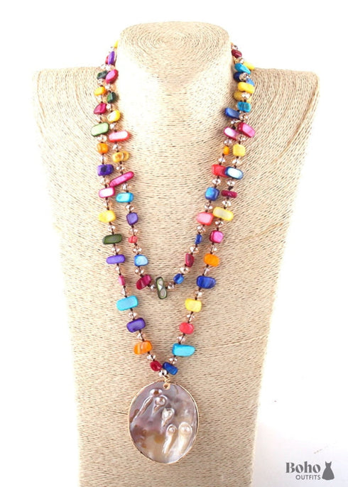 Boho Necklace, RH Big Crystal Shell Purple Necklaces