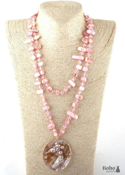 Boho Necklace, RH Big Crystal Shell Purple Necklaces