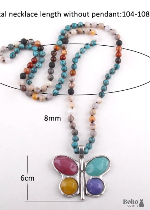Boho Necklace, RH Crystal Butterfly Blue Natural Stone