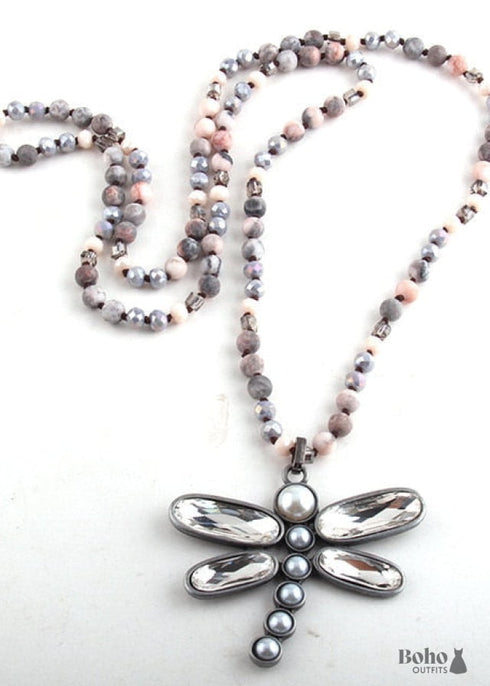 Boho Necklace, RH Crystal Dragonfly Blue Natural Stone
