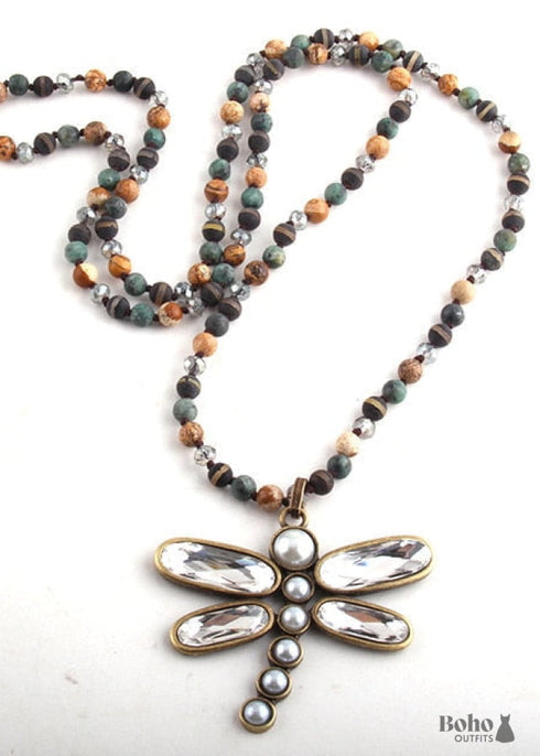 Boho Necklace, RH Crystal Dragonfly Blue Natural Stone