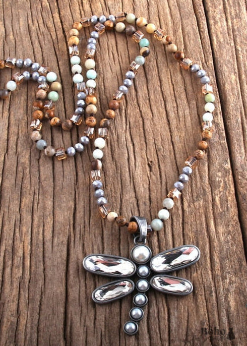 Boho Necklace, RH Crystal Dragonfly Blue Natural Stone