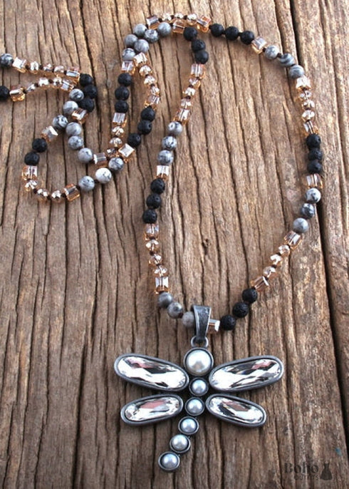 Boho Necklace, RH Crystal Dragonfly Blue Natural Stone