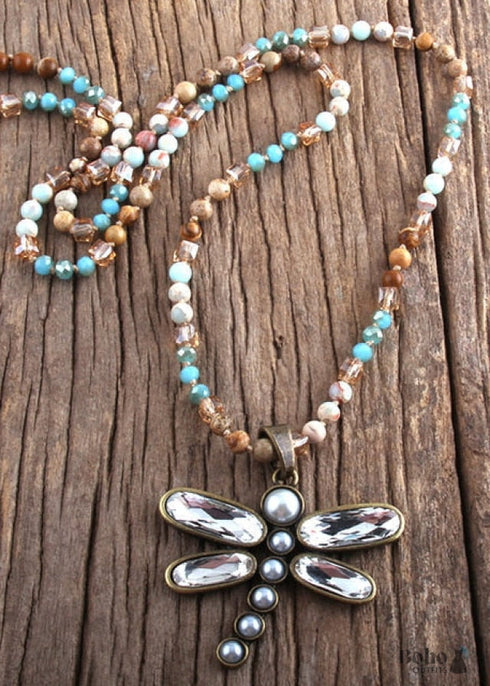 Boho Necklace, RH Crystal Dragonfly Blue Natural Stone