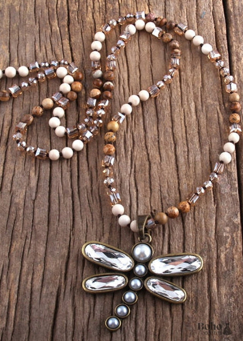 Boho Necklace, RH Crystal Dragonfly Blue Natural Stone