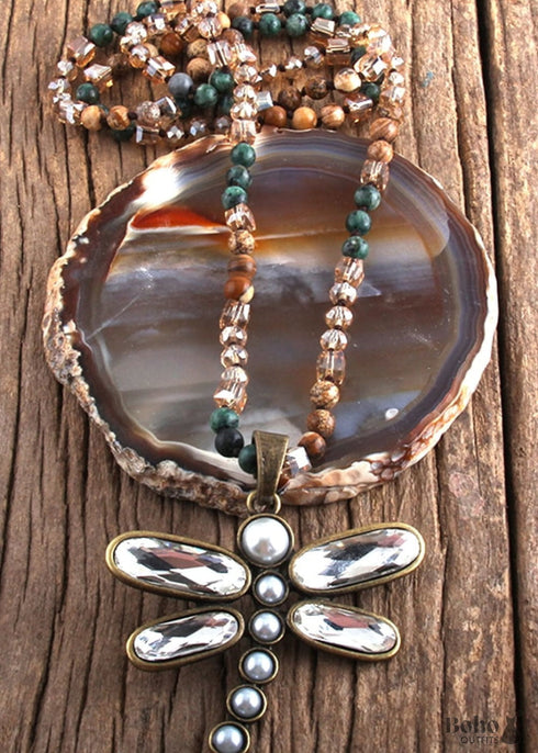 Boho Necklace, RH Crystal Dragonfly Blue Natural Stone