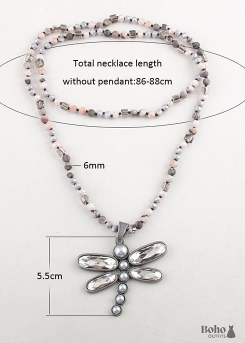 Boho Necklace, RH Crystal Dragonfly Blue Natural Stone