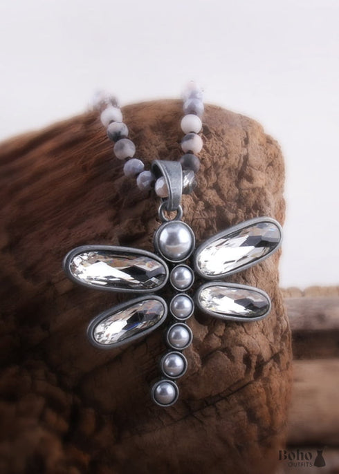 Boho Necklace, RH Crystal Dragonfly Blue Natural Stone