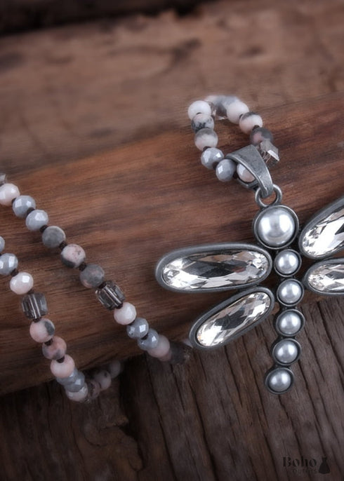 Boho Necklace, RH Crystal Dragonfly Blue Natural Stone