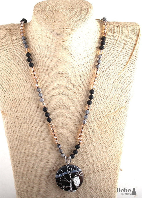 Collar bohemio, piedra de lava preciosa RH, árbol de la vida