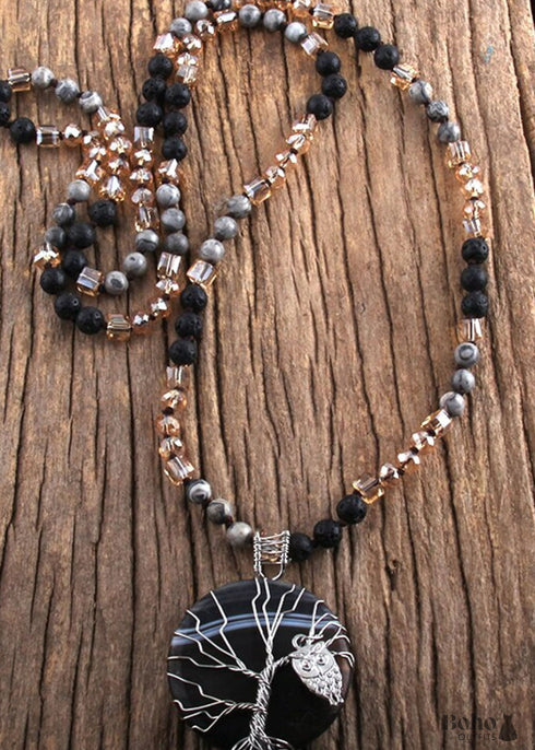 Collar bohemio, piedra de lava preciosa RH, árbol de la vida