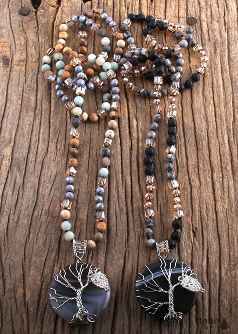 Collar bohemio, piedra de lava preciosa RH, árbol de la vida