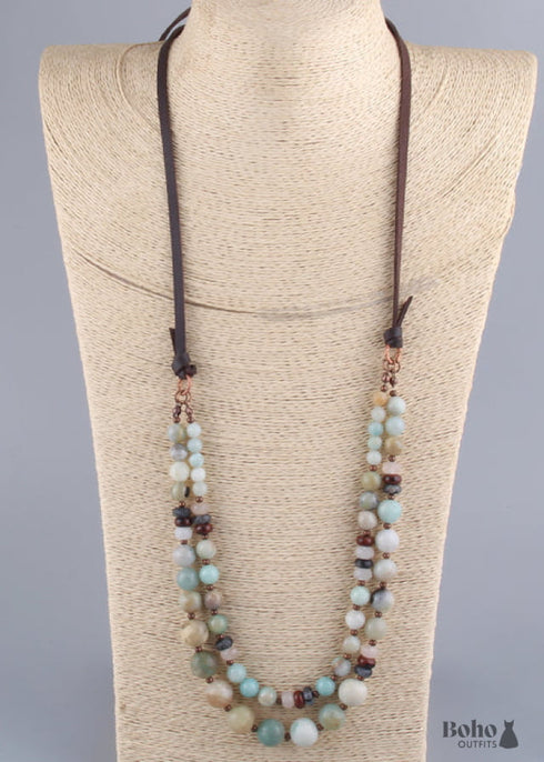 Collar Boho, RH Piedras Naturales Preciosas Eslabones con Cuero