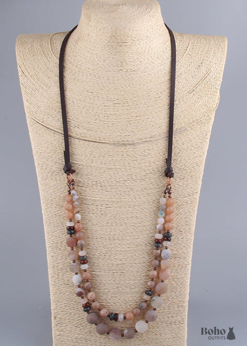 Collar Boho, RH Piedras Naturales Preciosas Eslabones con Cuero