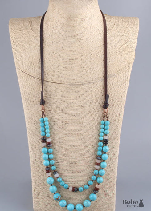 Collar Boho, RH Piedras Naturales Preciosas Eslabones con Cuero