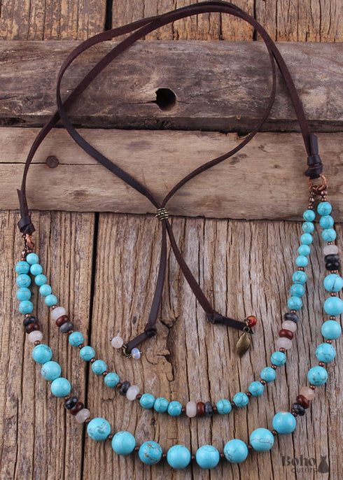 Collar Boho, RH Piedras Naturales Preciosas Eslabones con Cuero