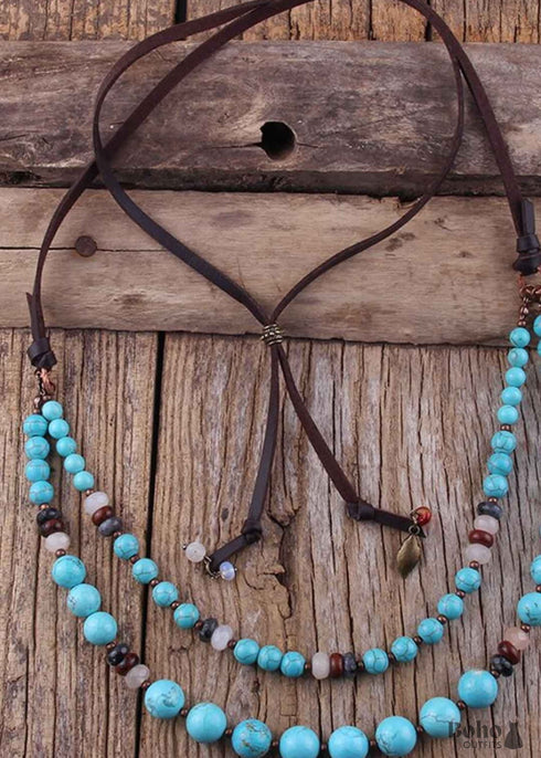 Collar Boho, RH Piedras Naturales Preciosas Eslabones con Cuero
