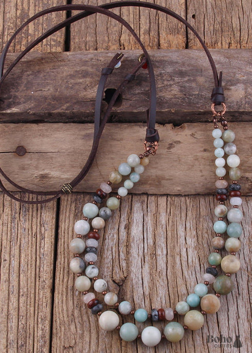Collar Boho, RH Piedras Naturales Preciosas Eslabones con Cuero