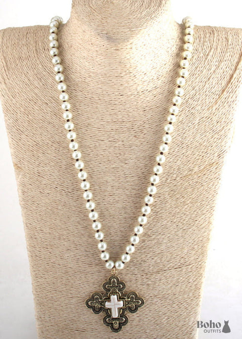 Boho Necklace, RH Precious Pearl, Cross