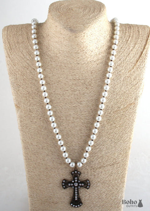 Boho Necklace, RH Precious Pearl, Cross