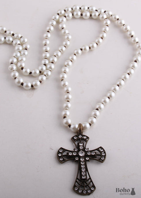 Boho Necklace, RH Precious Pearl, Cross