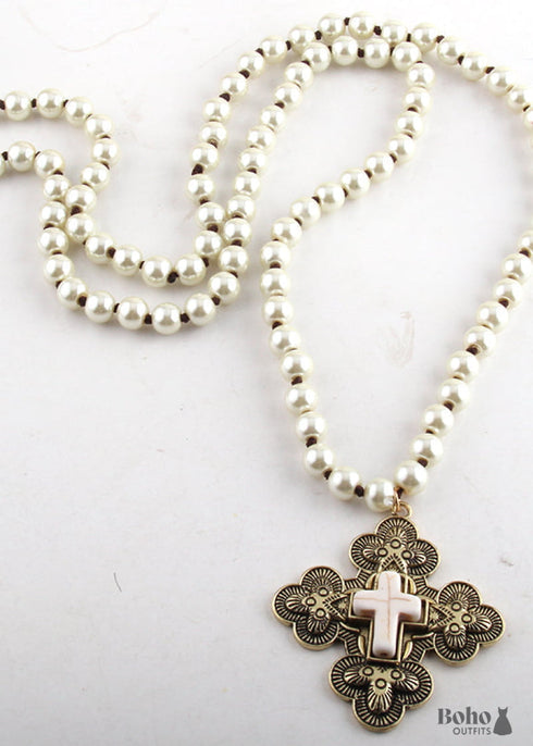 Boho Necklace, RH Precious Pearl, Cross