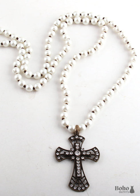 Boho Necklace, RH Precious Pearl, Cross