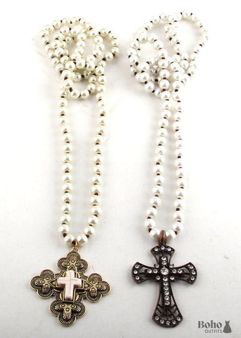 Boho Necklace, RH Precious Pearl, Cross