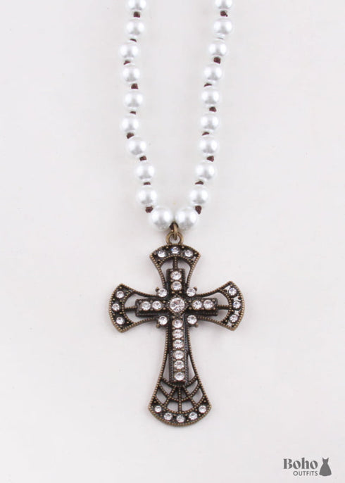Boho Necklace, RH Precious Pearl, Cross