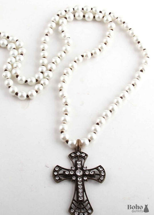 Boho Necklace, RH Precious Pearl, Cross