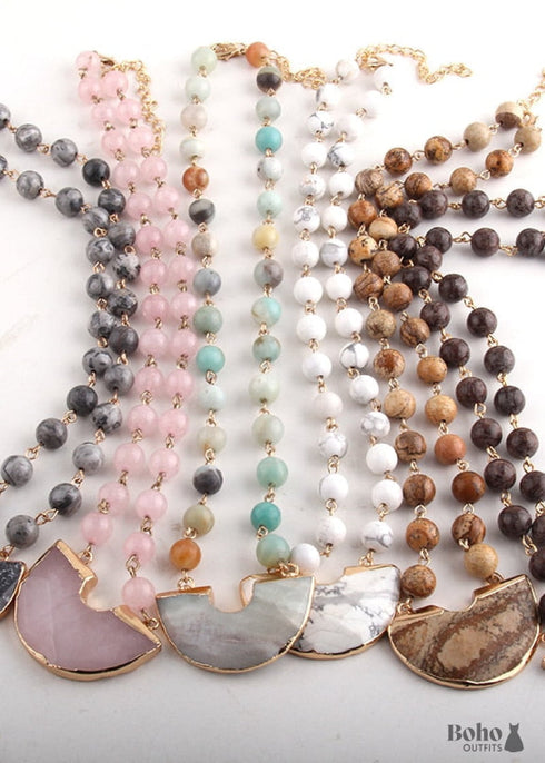 Collar bohemio, amazonita de cuarzo rosa RH, piedra natural rosa media luna