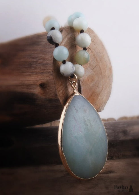 Boho Necklace, RH Rose Quart Amazonite, Oval Blue Pink Natural Stone