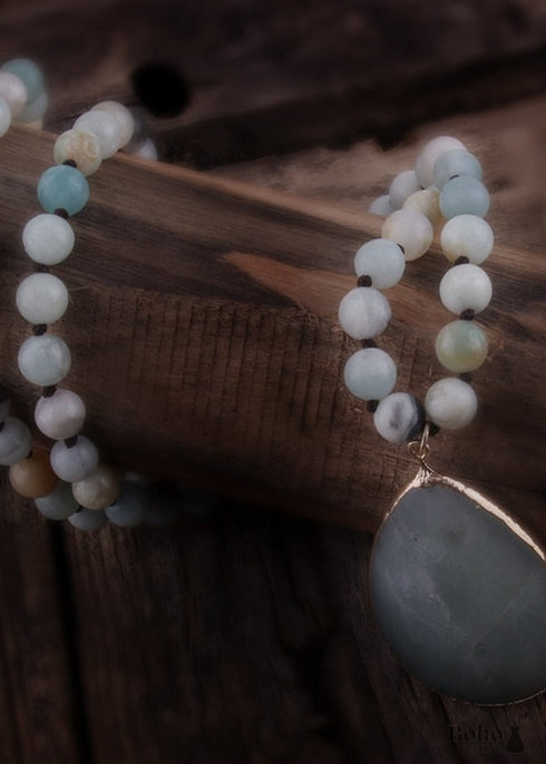 Boho Necklace, RH Rose Quart Amazonite, Oval Blue Pink Natural Stone