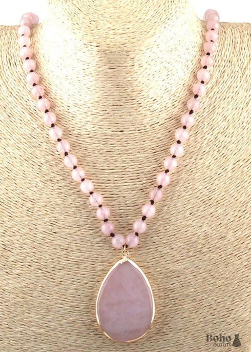 Boho Necklace, RH Rose Quart Amazonite, Oval Blue Pink Natural Stone