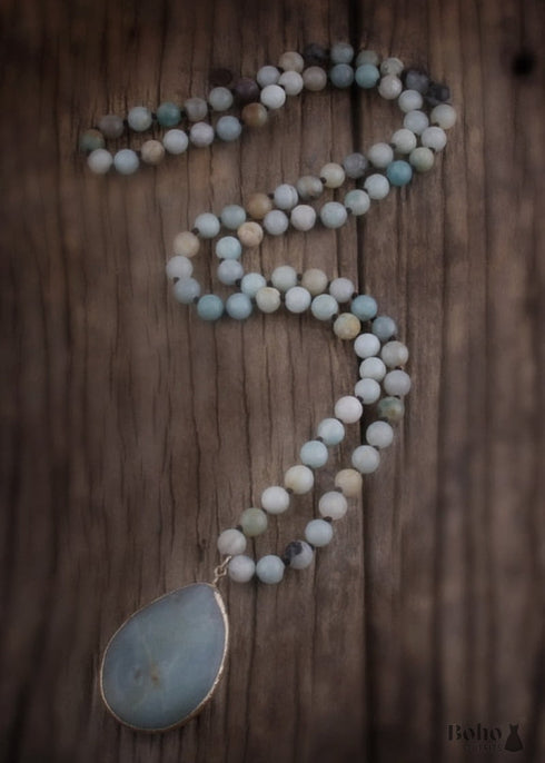 Boho Necklace, RH Rose Quart Amazonite, Oval Blue Pink Natural Stone