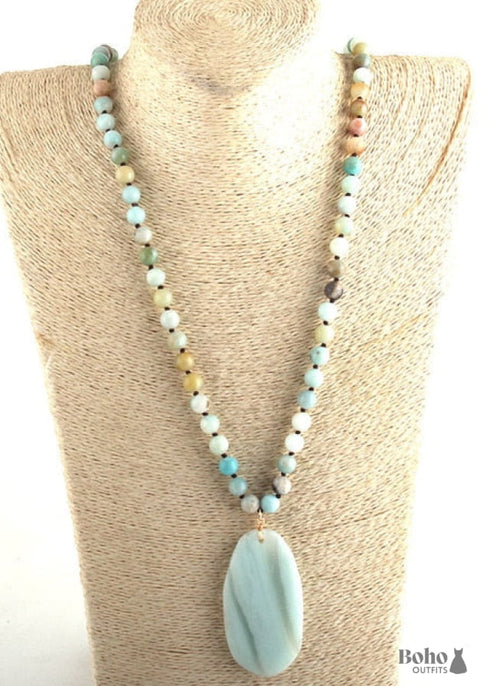 Collar bohemio de amazonita de cuarzo rosa RH, piedra natural ovalada azul, blanca y negra.